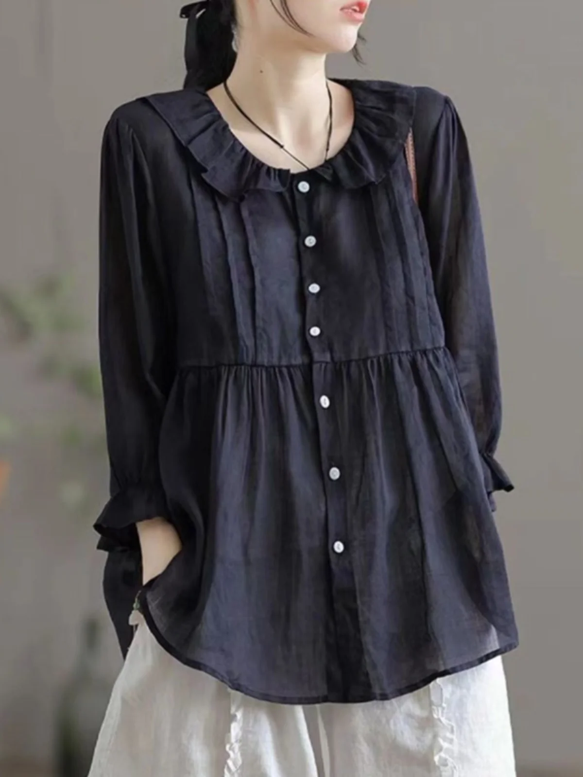 Baumwoll-Leinen ort Sve irt Damen-Oberteil mit lockerem Puppenkragen und einem Knopf, faionable, bequem, atmungsaktiv, Sommer-Irt
