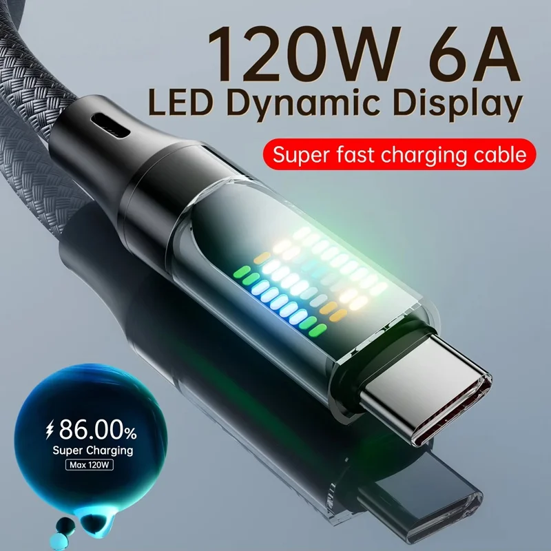 120W Type C Fast Charging Cable 6A USBA to Type C Nylon Data Cord for Xiaomi Samsung With Led Display USB C Cable