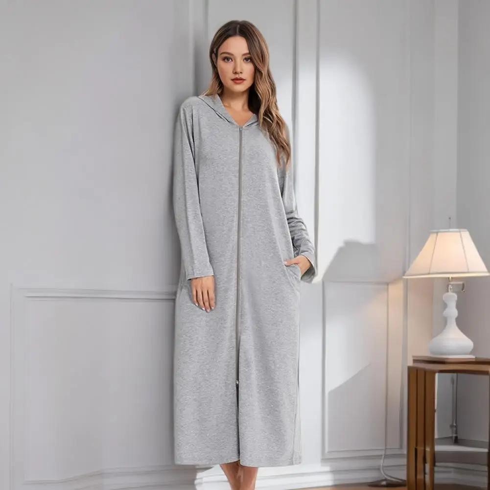 

With Pockets Winter Sleepwear For Women 2025 Loose Long Sleeve Zip-up Nightgown Pure Color Mid-calf Length Hooded Loungewear