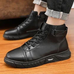 PU Leather Men Boots Platform Ankle Boots for Men Autumn Comfortable Working Shoes 2024 Winter Plush Warm Booties Bota Masculina