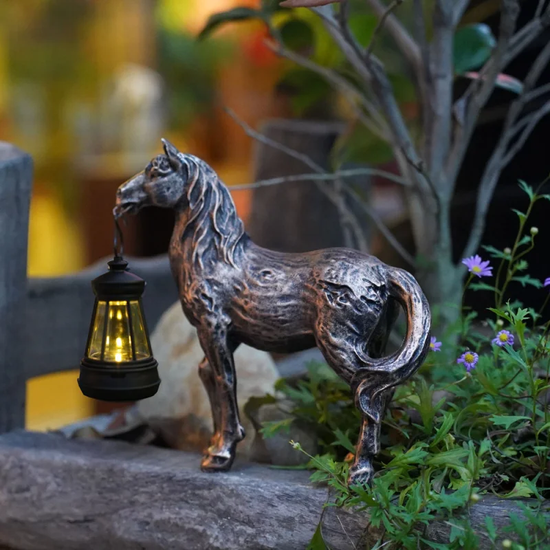 Solar-powered resin horse garden ornament for yard, garden, and balcony decoration, outdoor landscaping