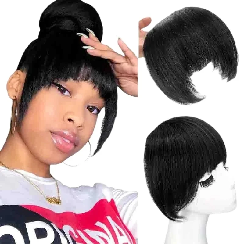 Synthetic Yaki Clip in Bangs for Women Short Kinky Straight Hair Extensions with Temple Thick Fringe Hairpieces (single bangs)