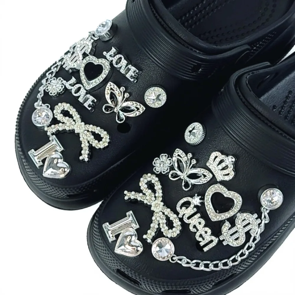 20PCS Shoe Charm Set Silver Crown Letter Butterfly Diamond Chain Shoe Decorations Buckle for Sandals Clogs DIY Accessories Gift
