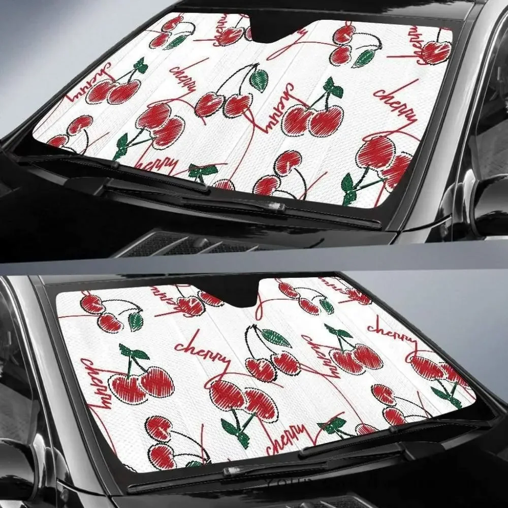 Hand painted cherry pattern white background car sunshade, UV sun protection windshield sun visor window sunshade