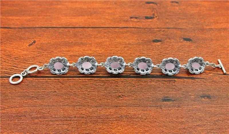 Oval Pink Quartz Bracelet Vintage Look Natual Stone Antique Silver Plated  Plum Flower Fashion Jewelry For Woman TB348