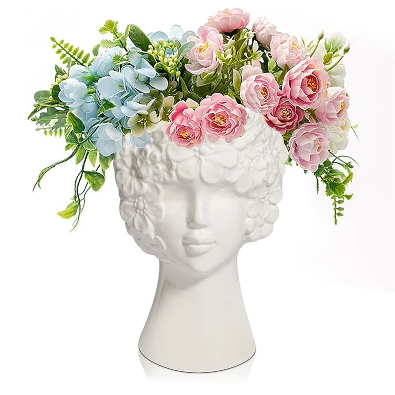 

A96Q-White Ceramic Flower Vase for Decor,Modern Style Female Form Face Vase,Unique Flower Vase for Home Office Decor -A