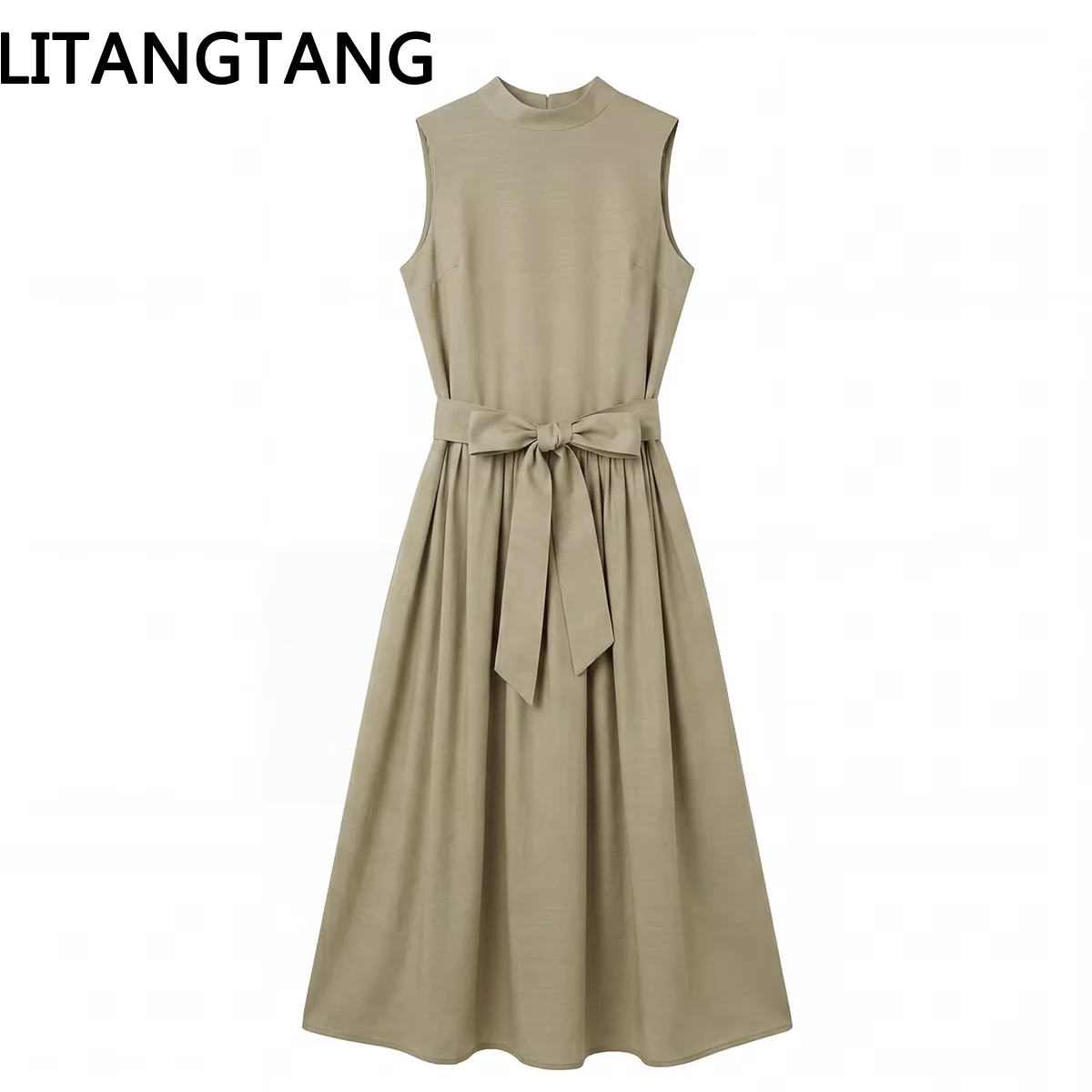 

Women's Khaki Sleeveless Dress Elegant Bow Tie Waist A-Line Midi Dress Korean Style Office Party Casual Summer Dresses