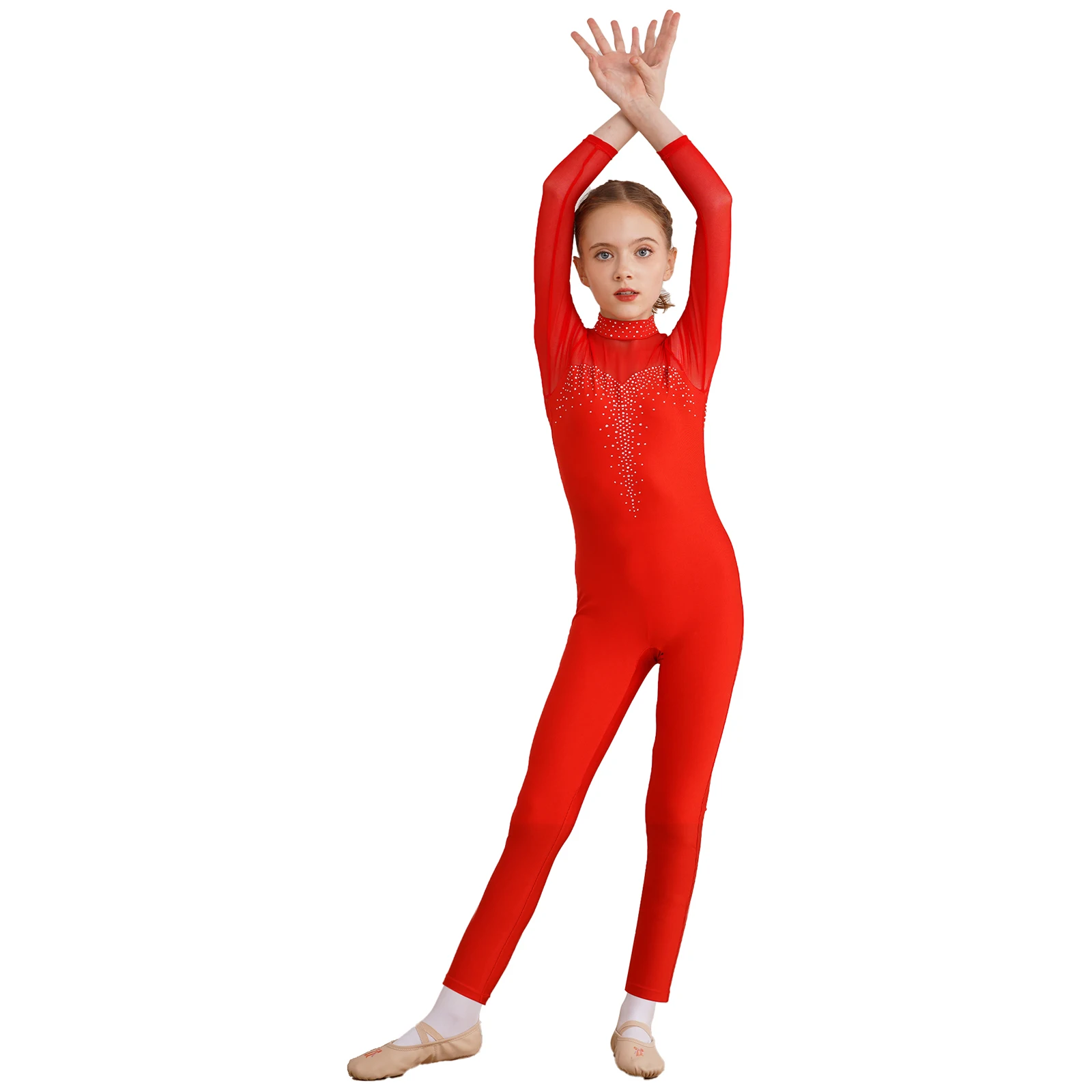 Mono de patinaje de Ballet para niños, Mono de diamantes de imitación, malla transparente, Catsuit de manga larga, Mono de gimnasia para niños, ropa de baile