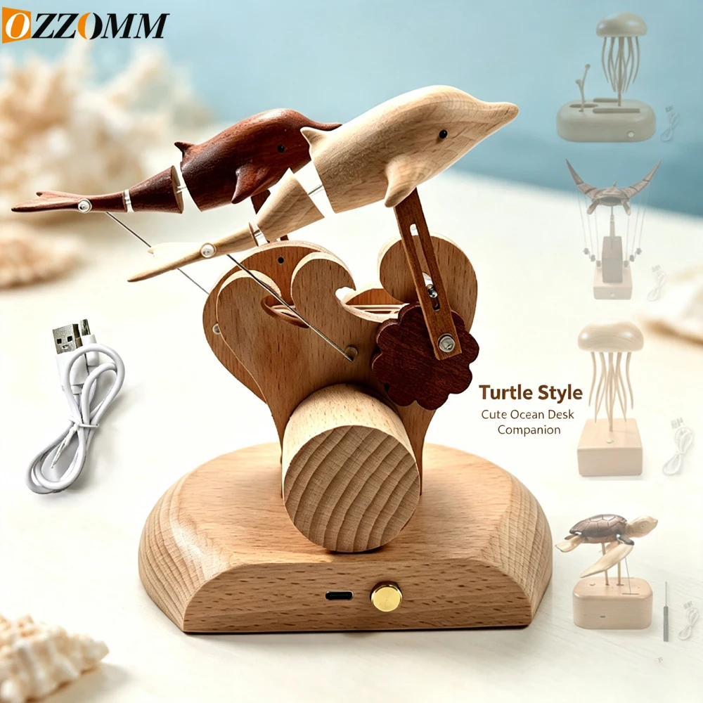 1Set USB Charging Wooden Kinetic Figurine Touch Switch Desk Toy Jellyfish Turtle Dolphin Manta Ray Dynamic Art Home Decor Gift