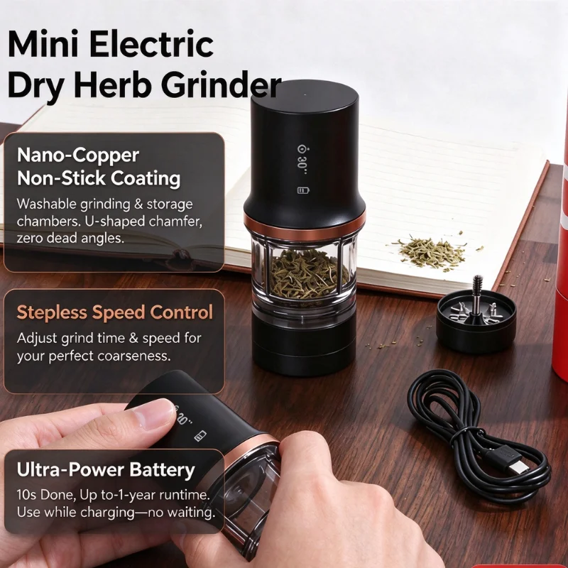 Electric Dry Herb Grinder, USB Rechargeable, LED Display, 3 Speeds, Portable Mini, Black