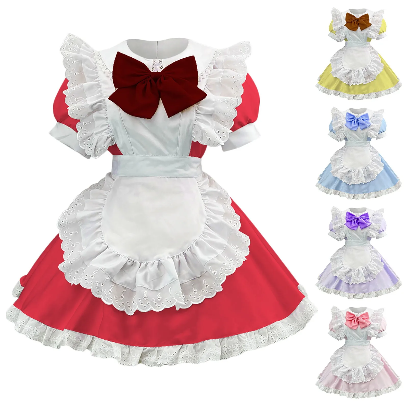 Lolita Cosplay Traje para Mulheres, Roupa de Empregada, Vestido de Avental Bonito, Bowknot, Uniforme Festival, Café Kawaii, Dia das Bruxas