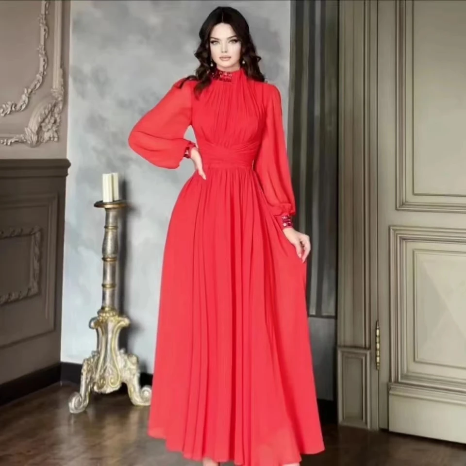 Luxury Women Summer Fashion Elegant Stand COllar Lantern Sleeve Maxi Chiffon A Line Party Beading Evening Casual Dresses