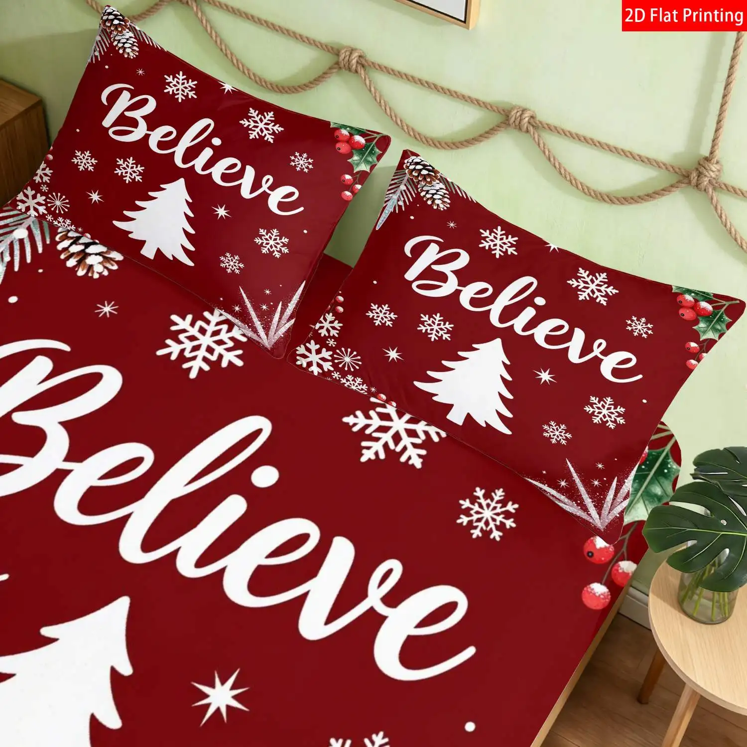 3-Piece Mattress Protector Set, 2D Flat Printed Fitted Sheet, Christmas-Themed Bedding, Red, with Snowflakes and Pine Cones and 