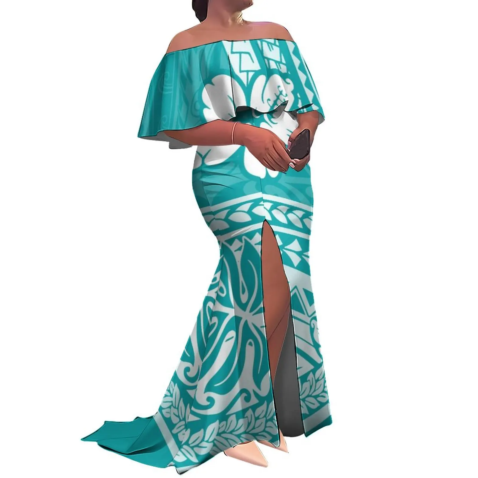 Steuerfreies, hochwertiges, individuell bedrucktes, plissiertes langes Kleid mit Schlitz, polynesisches Tribal-Damenkleid mit Rüschen, schulterfrei, Fischschwanzkleid