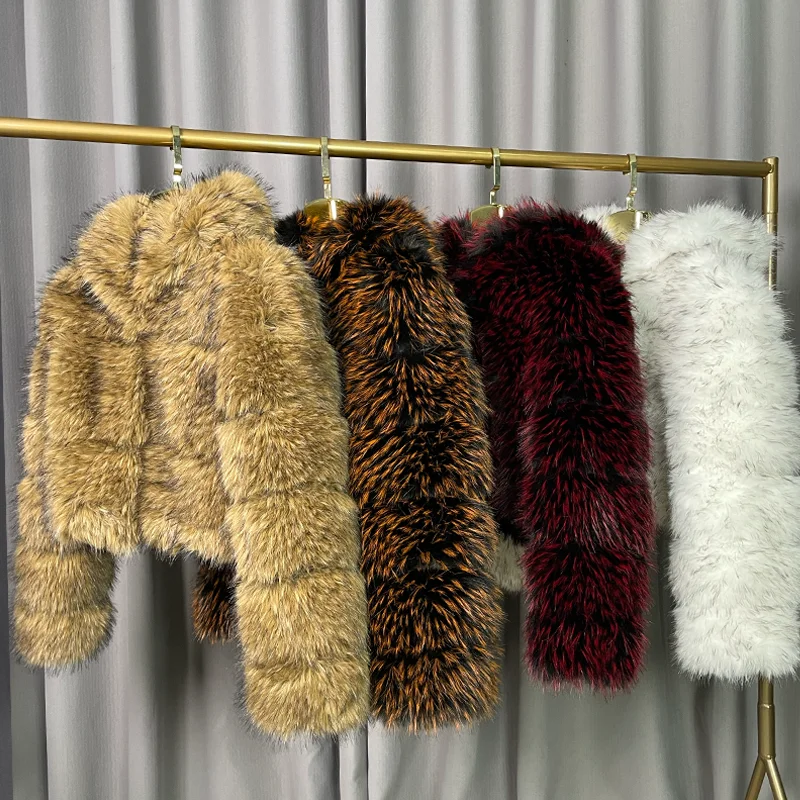 High-quality fake fur jacket, eco-friendly raccoon fur women's coat winter warm hooded crop top customizable size and style