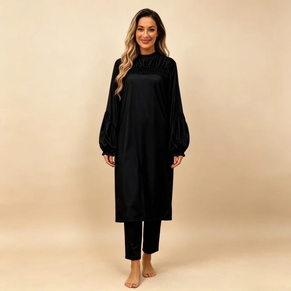 3Pcs Smocked Lantern Sleeve Muslim Swimsuit Solid Black Modest Long Tunic Full Coverage Islamic Bathing Suit with Matching Hijab