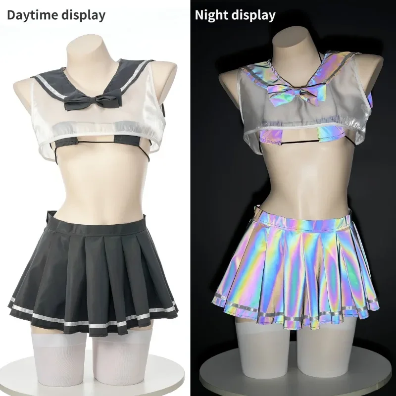 Anime Transparent Sexy JK Uniform Girl Women Cosplay Glow Sailor Suit Night Luminous Bikini Top Skirt Suit Costume Lingerie Set