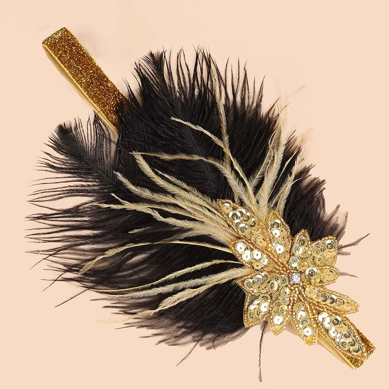 1920s Flapper Headband Ostrich Feathers Headpiece Roaring 20s Sequins Headband Great Gatsby Hair Accessories for Women