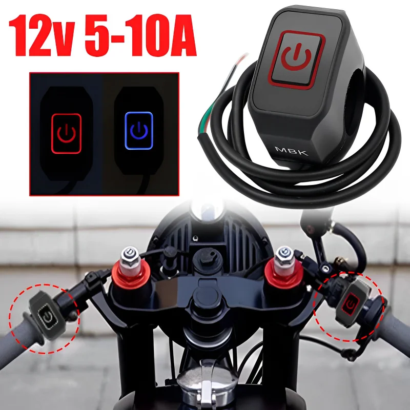 12V Motorcycle Switch Headlight Horn Modified Control Switch Handlebar Mount Red Blue White Yellow Green Button with LED Light