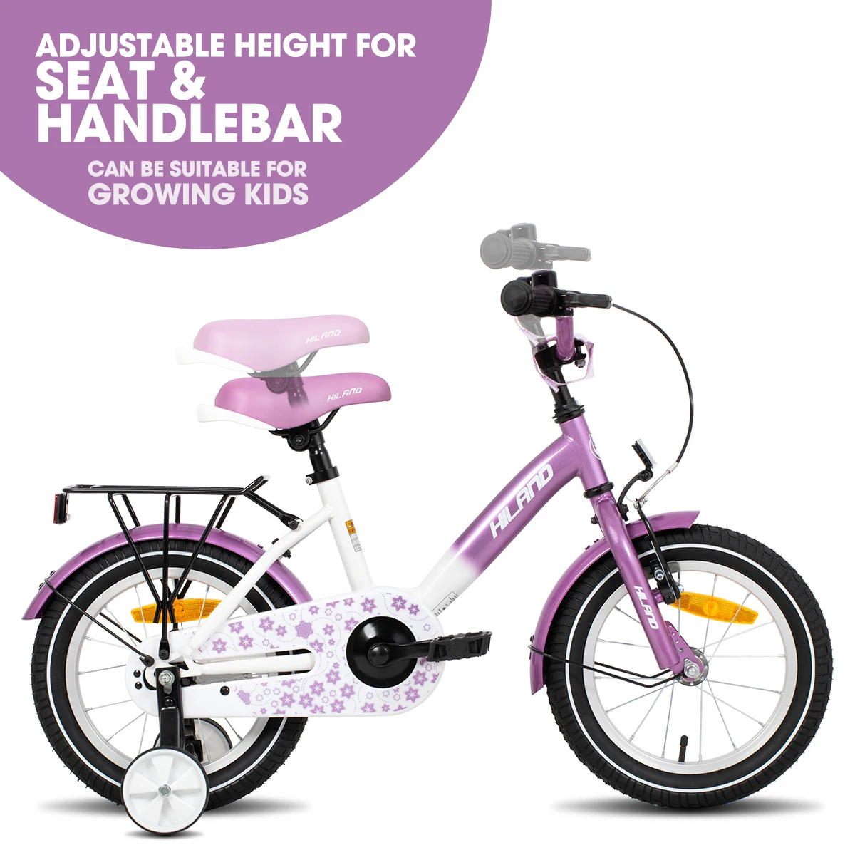 HILAND Kinderfahrrad für Jungen und Mädchen im Alter von 2–7 Jahren, 12 14 16 Zoll Kleinkinderfahrrad mit Stützrädern, Glocken-Gepäckträger, Lila