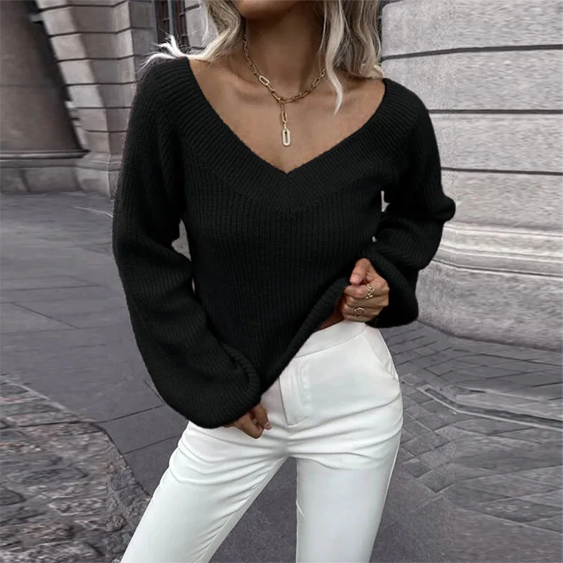 2023 European and American long sleeve pullover sweater women\'s autumn and winter new solid color versatile V-neck loose knitted