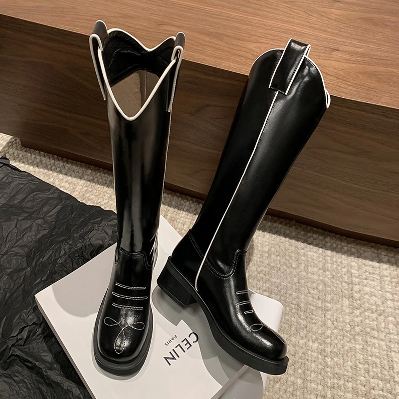 

Brown Leather Knee High Knight Boots Slip-On Zapatos Para Mujeres Chunky Heels Ladies Bota Feminina Square Toe Women Shoes 2023