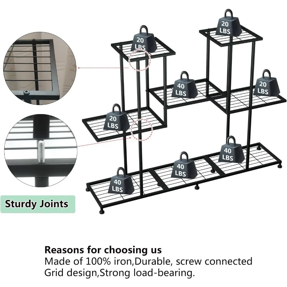 Soporte para plantas de metal de 4 niveles, estante decorativo para plantas de acero negro, soporte multifuncional para plantas