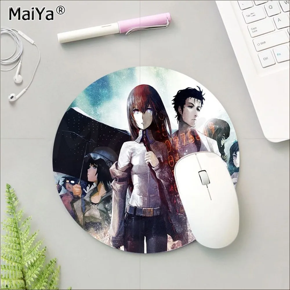 Anime Steins Gate Mousepad Round Custom Skin Desktop Desk Mat Kawaii accessori da gioco studenti che scrivono Pad Mouse Pad per PC