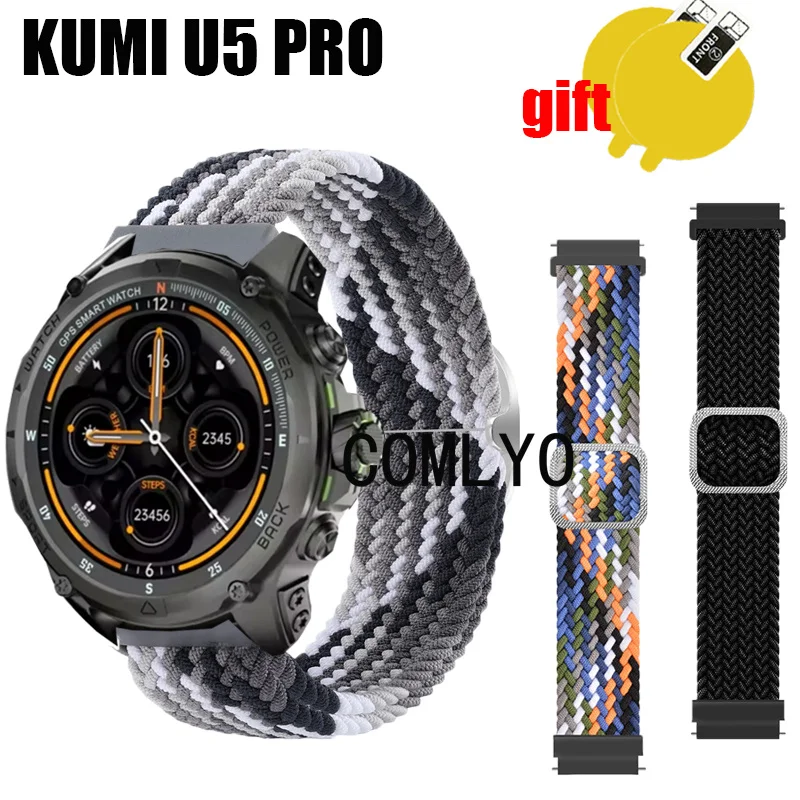 3in1 untuk KUMI U5 PRO tali jam tangan pintar nilon tali jam tangan cerdas film pelindung layar gelang lunak dapat disesuaikan