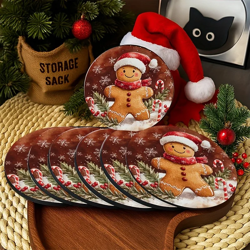 Christmas Gingerbread Man Wooden Coasters Santa Hat Gingerbread Candy Cane Round Drink Coasters for Winter Xmas Table Home Decor