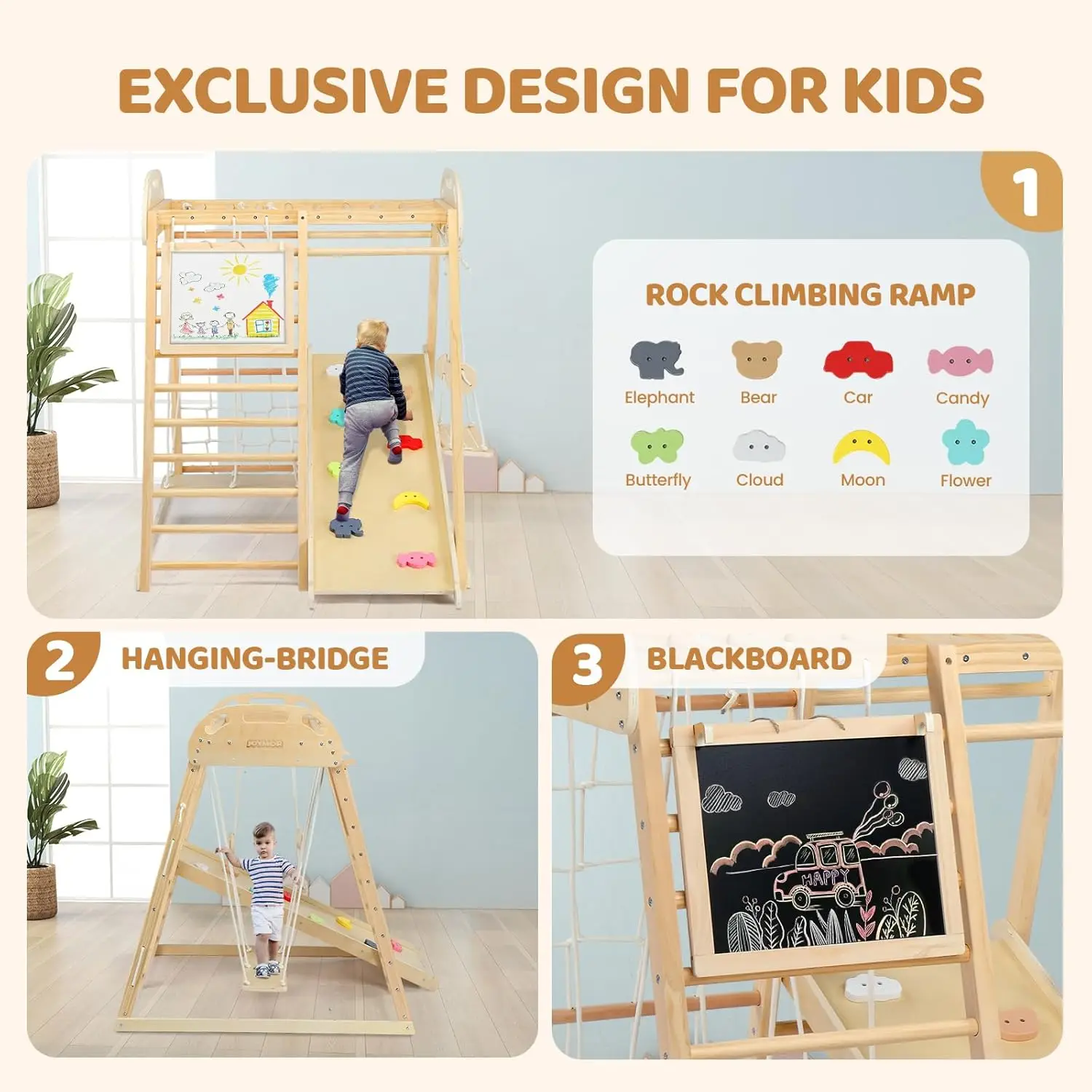 8-in-1 Indoor Jungle Gym voor kinderen en peuters met hangende brug en schommel, houten binnenspeeltuin met glijbaan, schoolbord, L