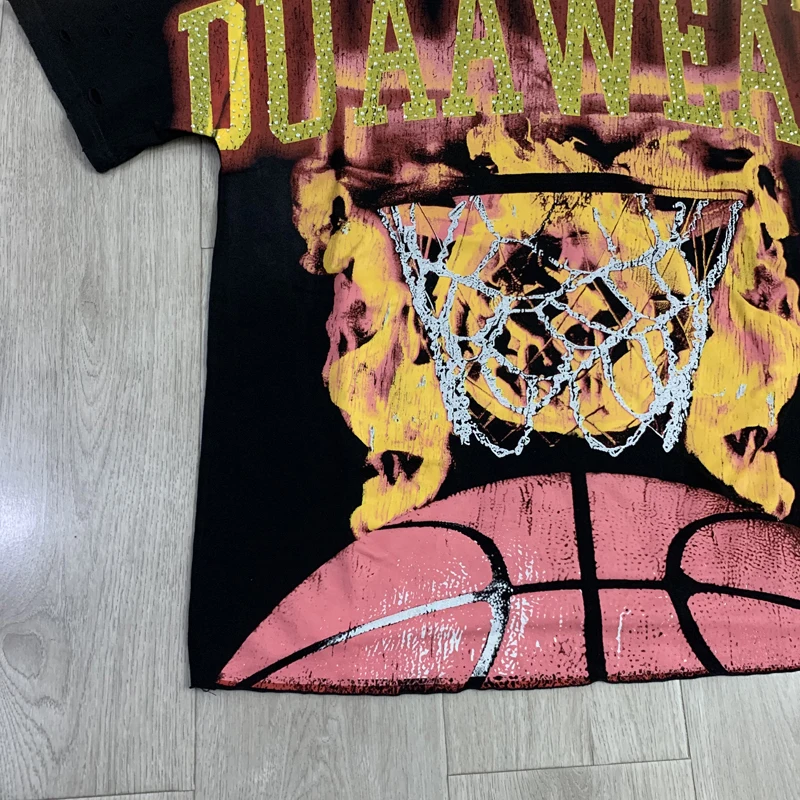 Flame Basketball Print Vintage Distressed DUAA Tshirts Rhinestone Letter Cotton Round Neck Short Sleeve Men Women Streetwear