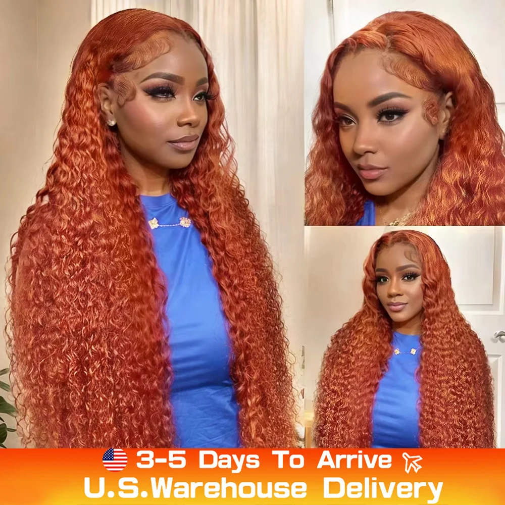 350# Orange Ginger Glueless Deep Wave HD 13x4 Lace Front Wigs Human Hair Curly Lace Frontal Wigs For Women