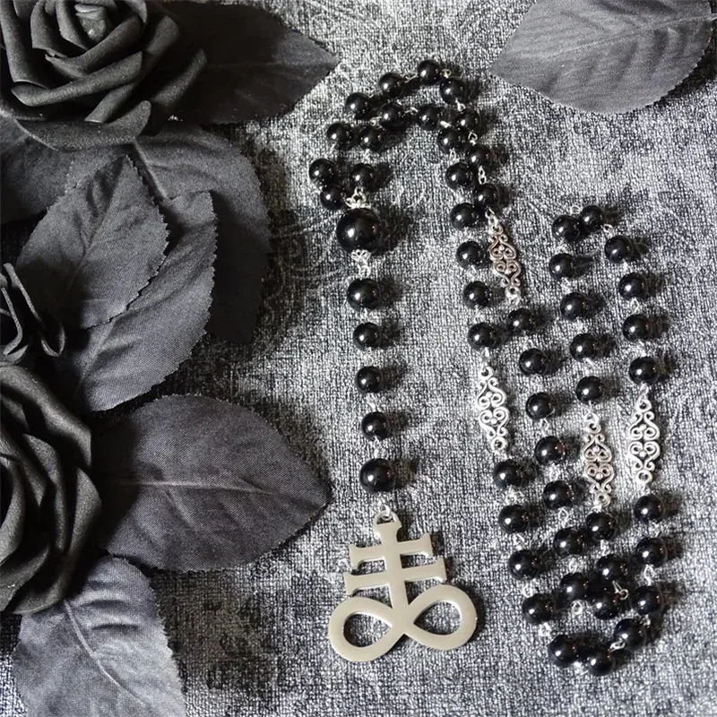 PERSONALIZED Black Rosary with a Stainless Steel Leviathan Cross, Satanic Necklace, Black Pearl Necklace, Demons Prayer Chain