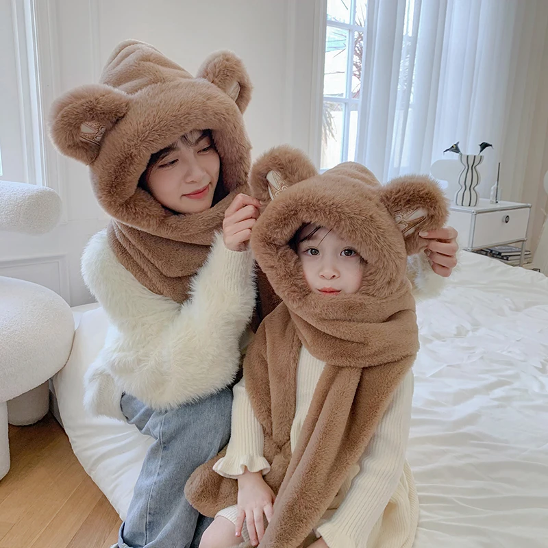 Zimowe ciepłe rękawice szalikowe zestaw kapeluszy sztuczne futro nowość Cartoon akcesoria rodzic-dziecko miękka czapka nowy koreański styl zagęszczony ciepła czapka