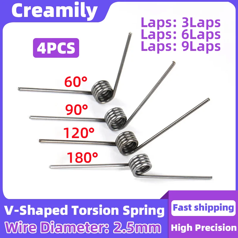 Creamily 4PCS V-Shaped Torsion Spring Helical Spring Turns=3-9Laps Rotary Torsion Spring 2.5mm Wire Diameter Angle=60-180Degrees