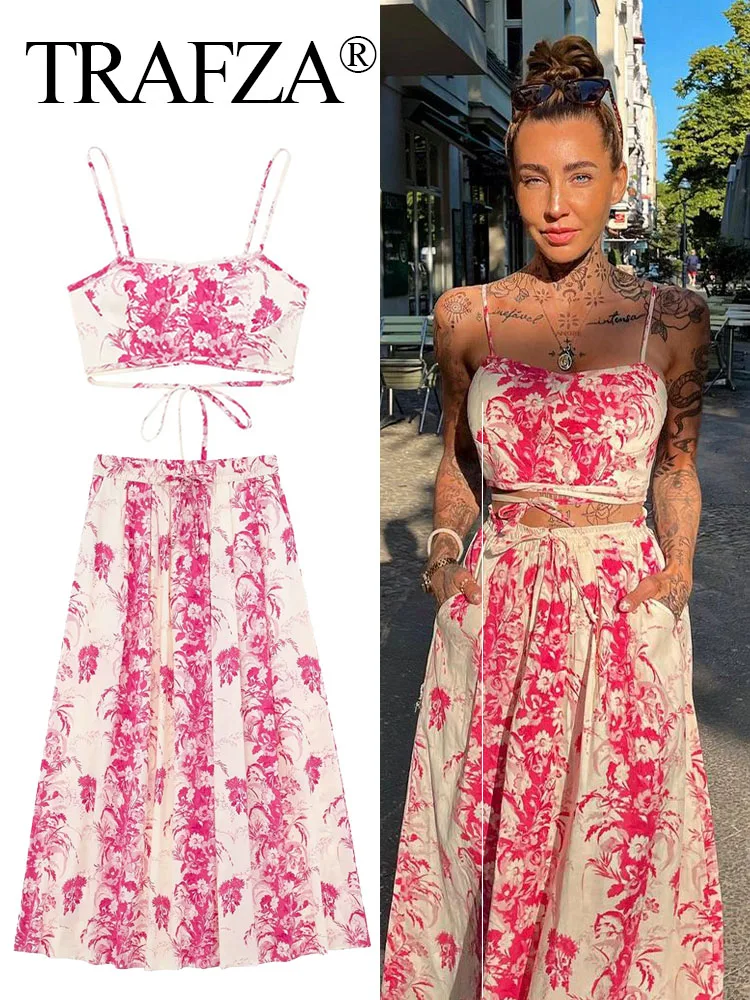 

TRAFZA Women New Fashion Summer Suits Pink Sleeveless Backless Crop Top+Printed Drawstring A-Line Skirt Female Bohemian Sets