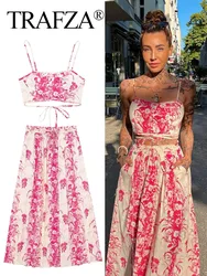 TRAFZA Women New Fashion Summer Suits Pink Sleeveless Backless Crop Top+Printed Drawstring A-Line Skirt Female Bohemian Sets