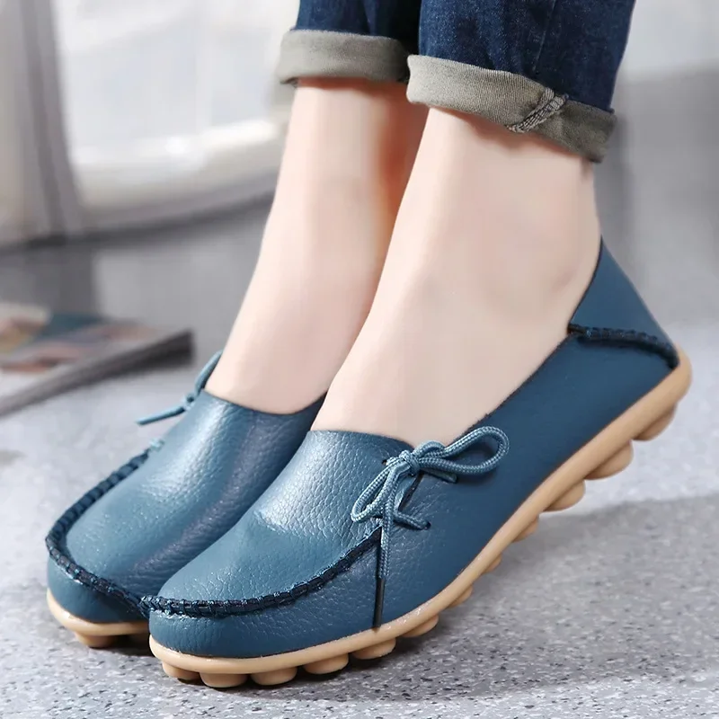 New Moccasins Women Flats Autumn Woman Loafers Genuine Leather Female Shoes Slip On Ballet Bowtie Women's Shoes Big Size 44