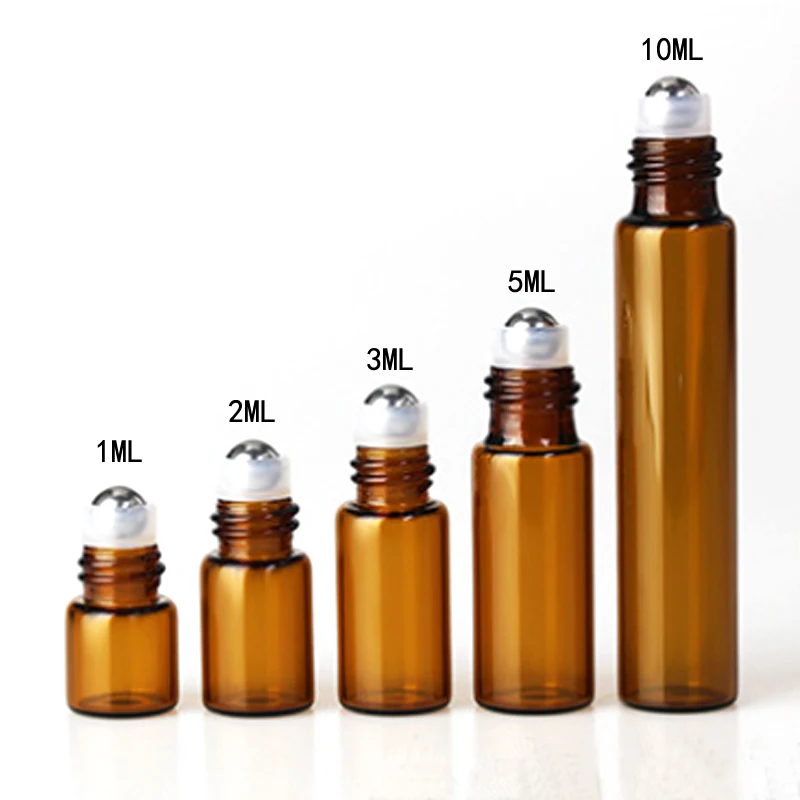 5PC/Pack 1ml 2ml 3ml 5ml 10ml Amber Thin Glass Roll on Bottle Sample Test Essential Oil Vials with Roller Metal /Glass Ball