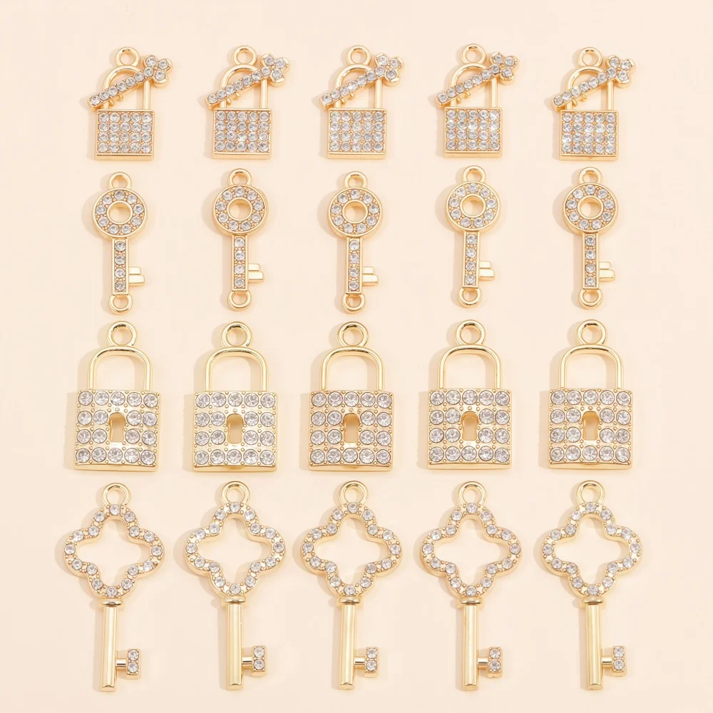 10Pcs Luxury Shiny Gold Color Lock Key Charms Zircon Alloy Pendant for DIY Making Necklaces Bracelet Jewelry Accessories Gifts
