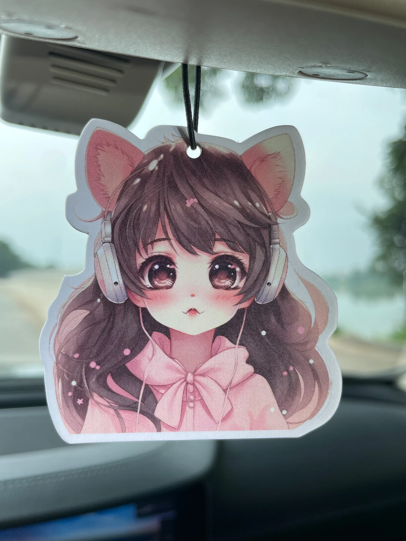 Cute Anime Cat Ear Girl with Headphones Hanging Car Air Freshener, Natural Plant Extract Scented Paper Air Freshener, Alcohol-Fr