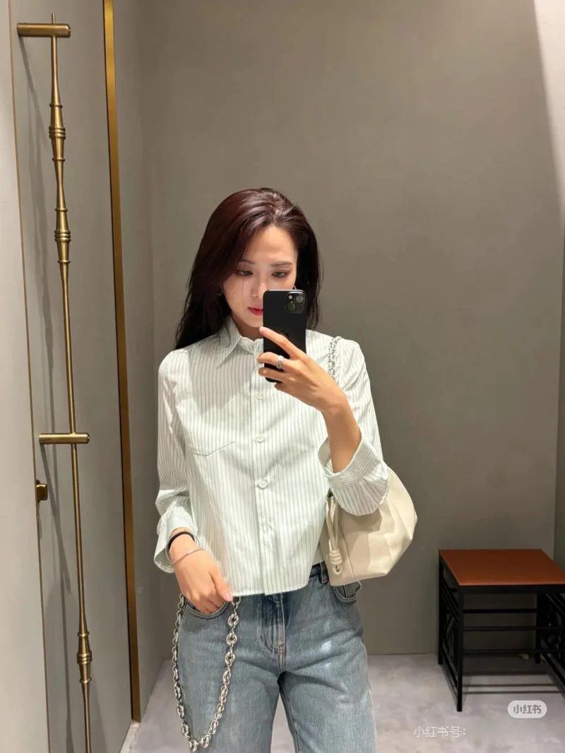 Cotton Vintage Loose Straightforward Simple Stripes Embroidered Top Plus Size Woman's Shirts Luxury Brand Y2k Women's Clothing