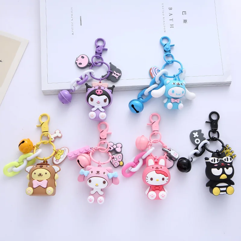 Sanrio Kawaii 3D Doll Keychain, Kuromi Cinnamoroll My Melody Hello Kitty Bell Bag Charm Key Ring Pendant Gift