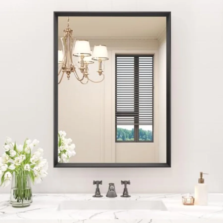 

22x30 Inch Matte Black Framed Rectangle Bathroom Mirror with 4MM Tempered Glass for Wall-Mounted Vanity Use in Bathroom and Bed