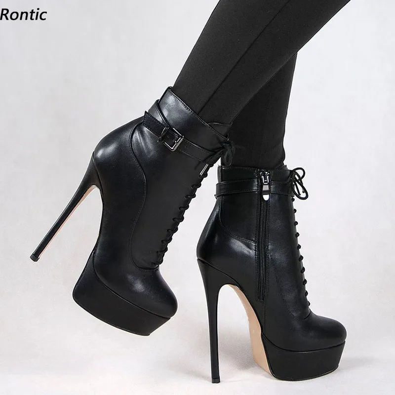 Rontic Handmade Women\'s Winter Platform Ankle Boots Faux Leather Stiletto Heels Round Toe Classic Black Party Shoes US Size 5-20