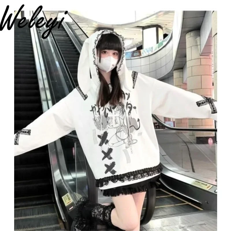 Jirai Kei Y2k Hoodies Jacket Spring Autumn Black and White Rabbit Ears Top Yabi Style Culture Comic Style Sweet Cool Hottie Tops