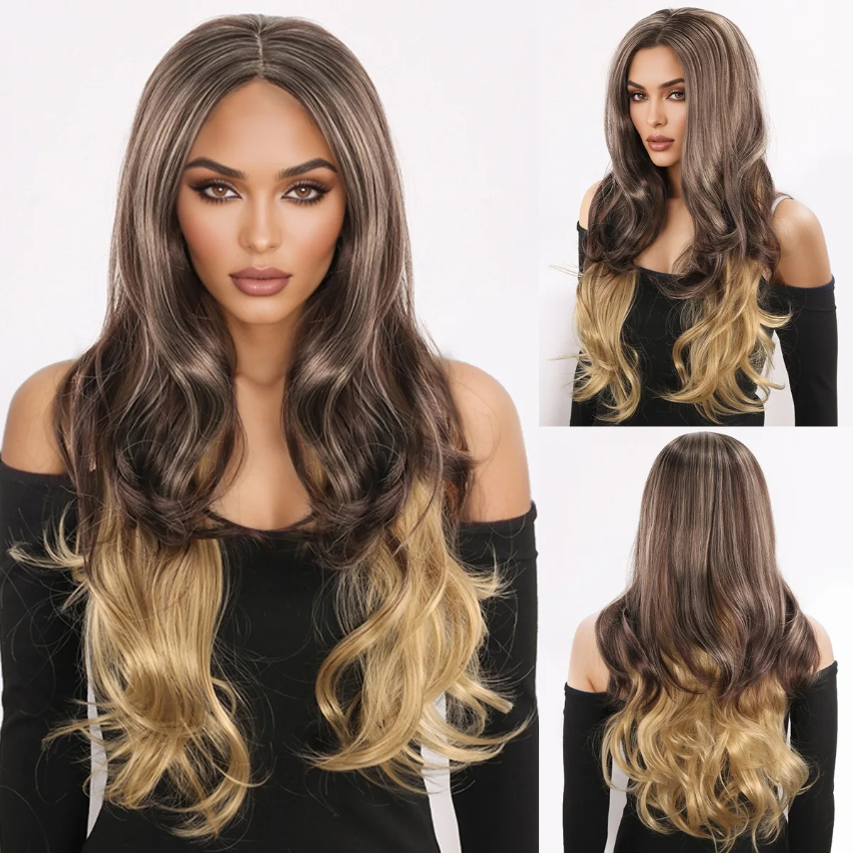

Hot-selling fashion European and American style gradual change brown lazy long curly hair natural fluffy realistic wig headgear