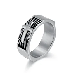Men's Stainless Steel Cross Christian Motif Band Ring Religious Catholic Icon Baptism and Anniversary Gift