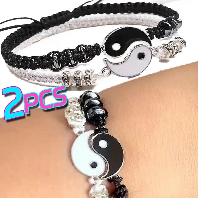 Handmade Tai Chi Yin Yang Couple Bracelets Alloy Pendant Adjustable Braid Chain Matching Lover Bracelets Necklaces Friendship